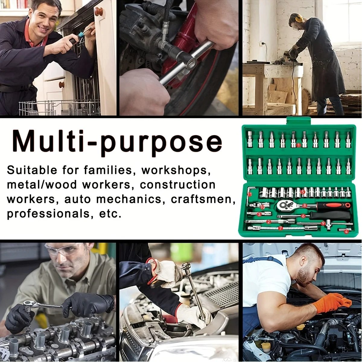 46 pièces outils familiaux 1/4 ensemble Kits d'outils mécaniques pour réparation automobile Hous avec douilles jeu de douilles à embout hexagonal métrique clé à cliquet en pouces