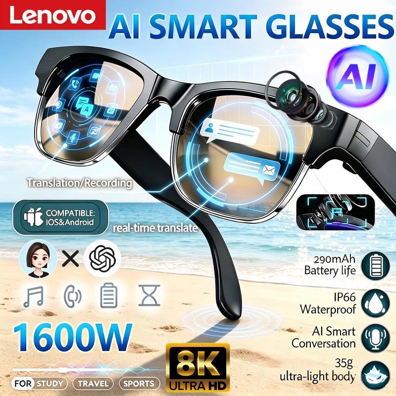 Lunettes intelligentes Lenovo 8K HD AI, traduction IA, appels mains libres, enregistrement de discussions IA, lecture de musique, lunettes de soleil intelligentes pour hommes, nouveauté 2027