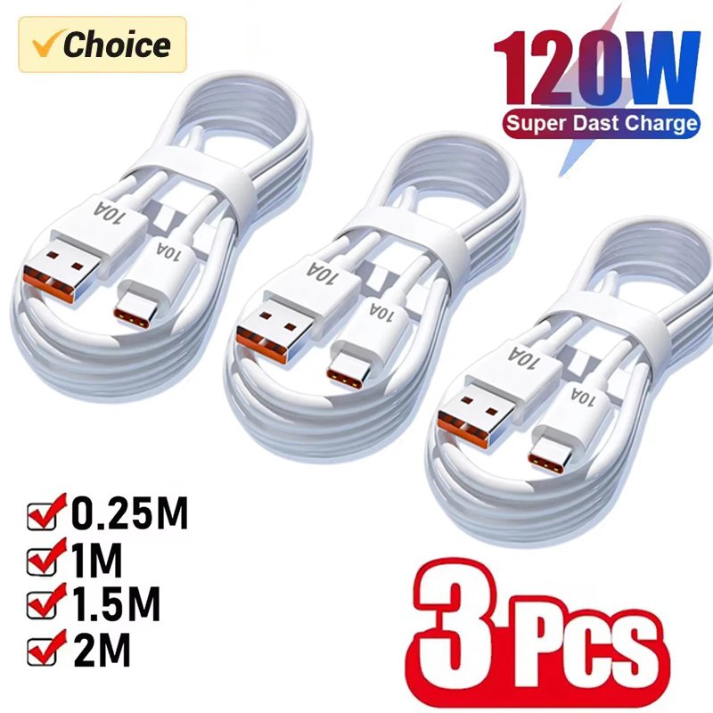 Câble USB vers Type C 10A, 120W, charge ultra rapide, pour Android, transfert de données à grande vitesse, pour Xiaomi Redmi, 2M, 1/2/3 pièces