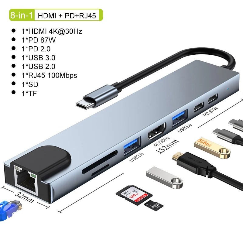 Hub USB C 8 en 1, 7 en 2, 7 en 1, type C 3.1 vers adaptateur HDMI 4K avec lecteur de carte RJ45 SD/TF, charge rapide PD pour MacBook, ordinateur portable