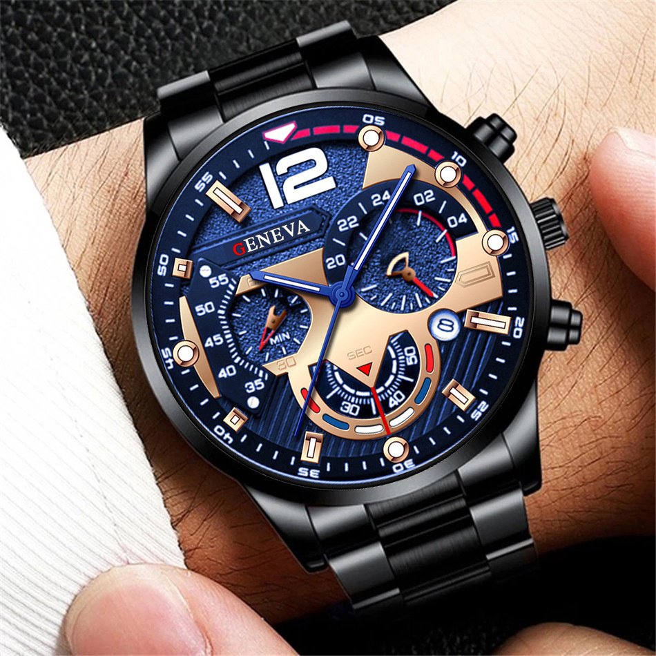 Montre-bracelet analogique à quartz avec calendrier pour homme, bracelet en acier inoxydable, montres à la mode