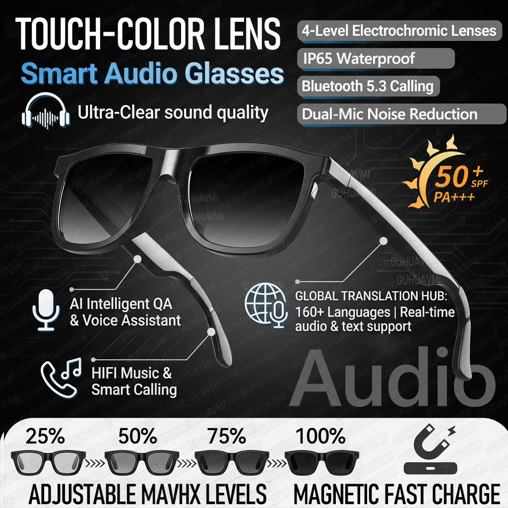 Lunettes Intelligentes Électrochromiques Top1 AI Audio à Verres Tactiles Changeant de Couleur pour Hommes et Femmes, avec Traduction IA, Appels à Double Micro et Lecteur de Musique Black